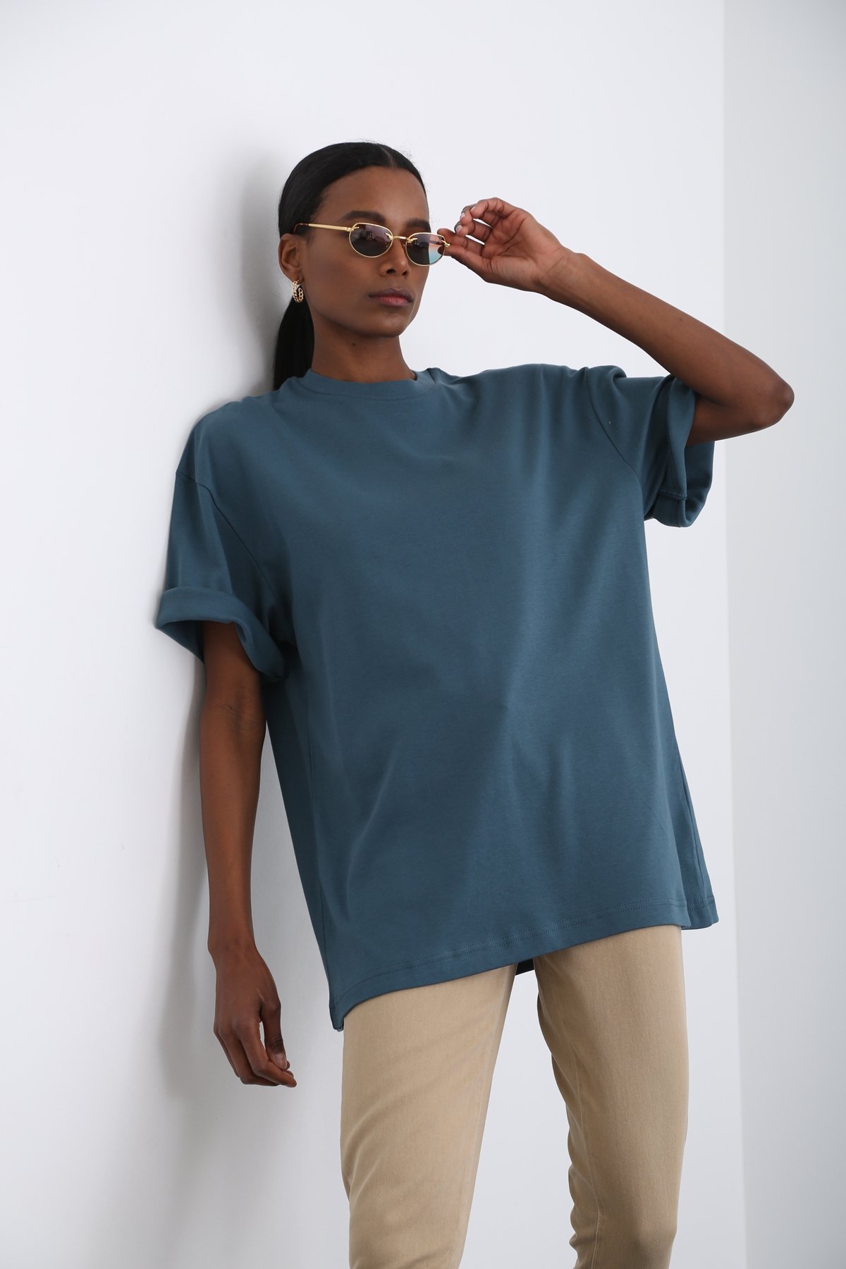 Petrol Mavisi Bisiklet Yaka Basic Tshirt 