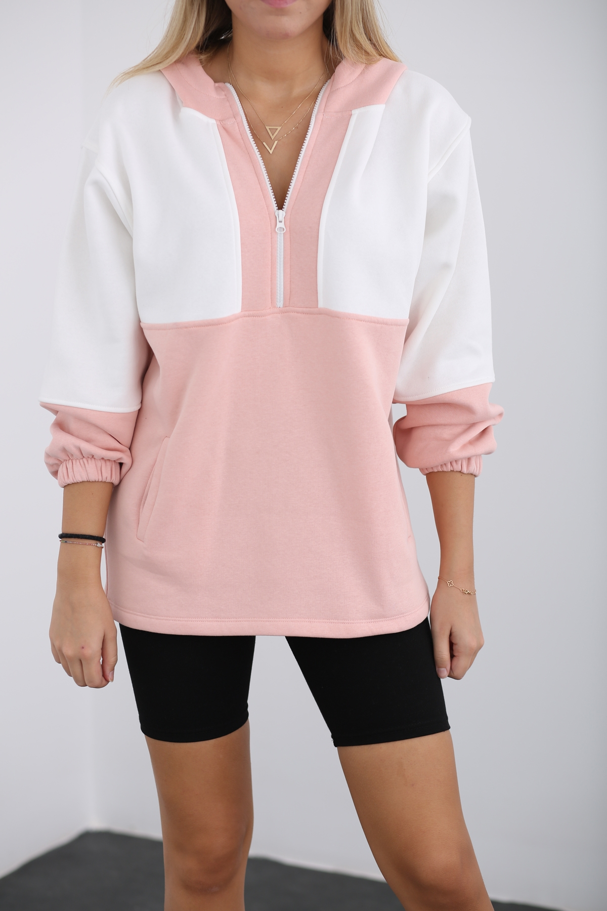 Pudra İki Renk Şardonlu Sweatshirt 3228