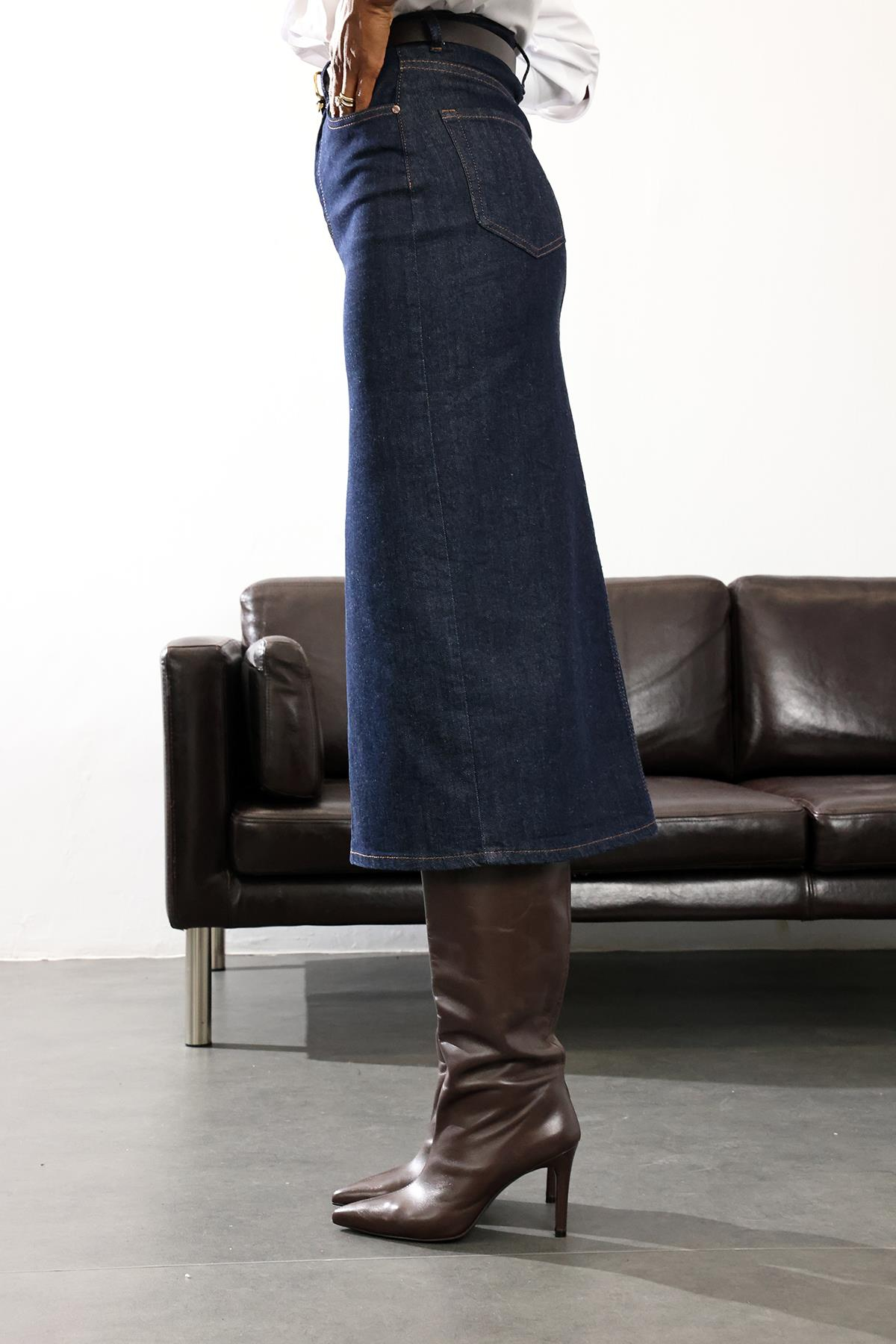 Rins Yıkamalı Midi Boy Denim Etek 761