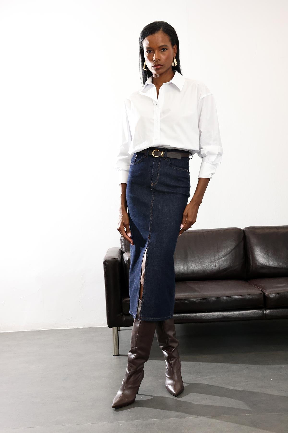 Rins Yıkamalı Midi Boy Denim Etek 761