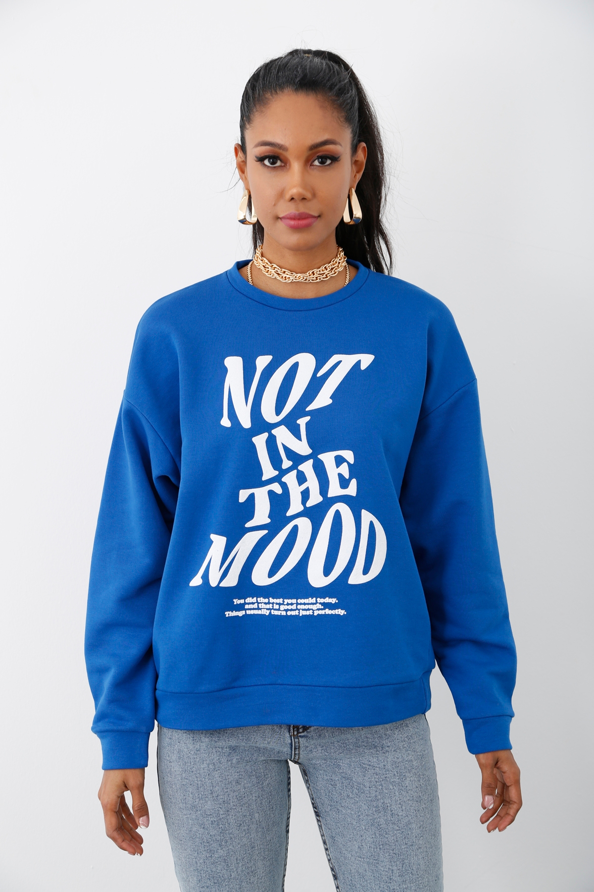 Saks Bisiklet Yaka Baskılı Sweatshirt 17625