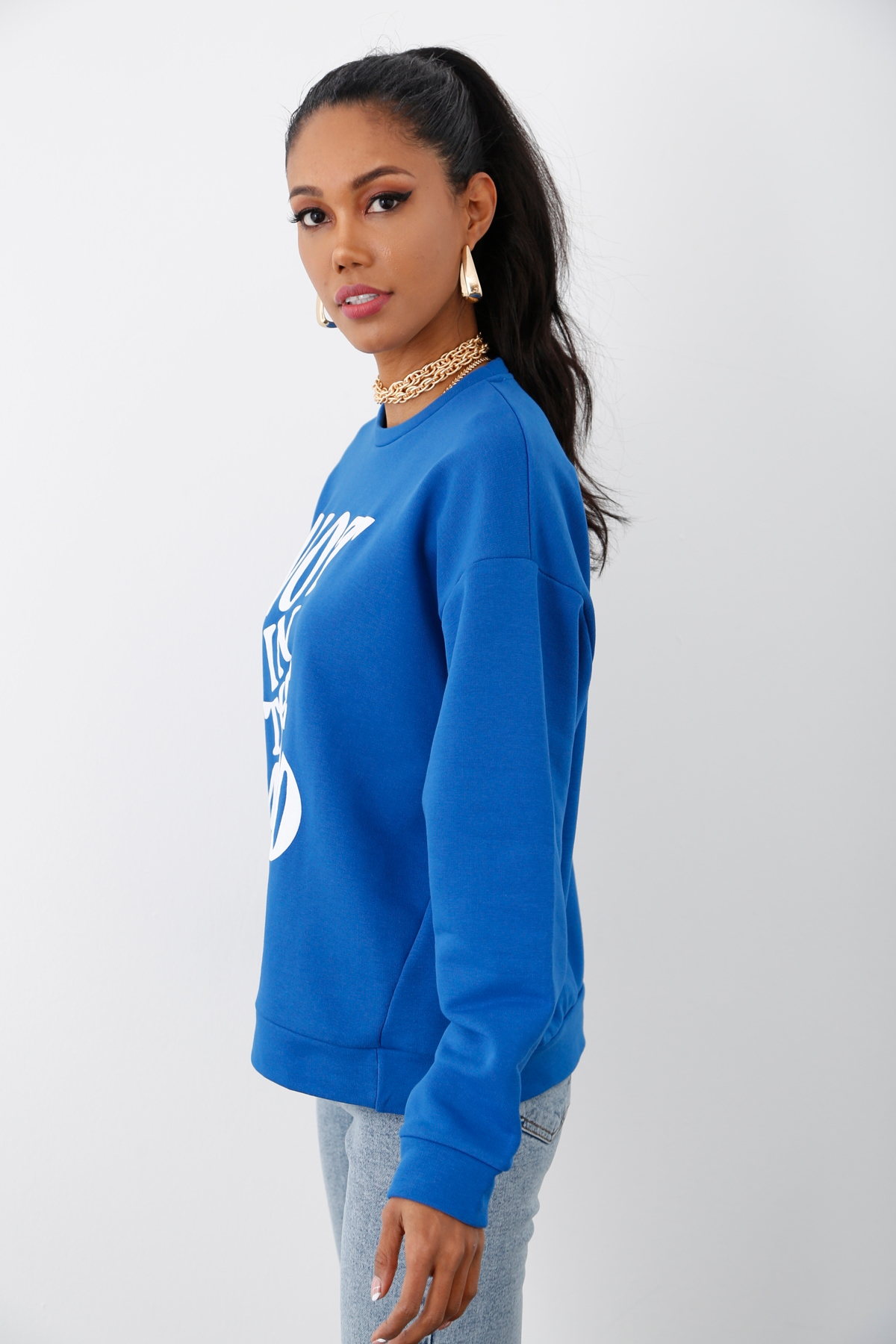 Saks Bisiklet Yaka Baskılı Sweatshirt 17625