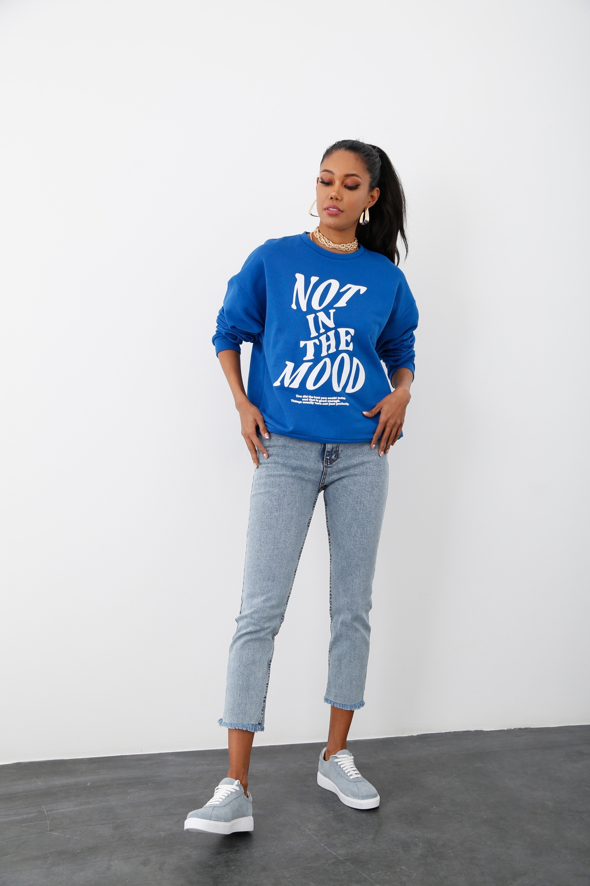 Saks Bisiklet Yaka Baskılı Sweatshirt 17625