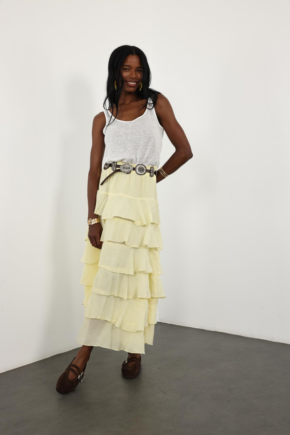 Sarı Beli Lastikli Volanlı Maxi Etek 4097