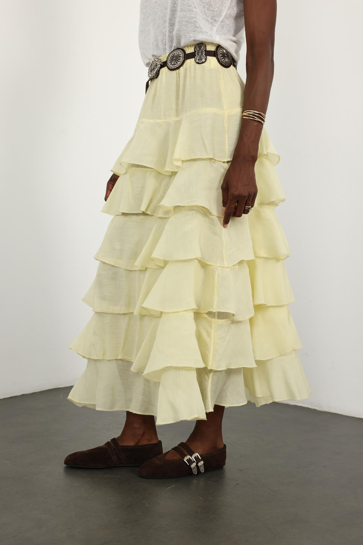 Sarı Beli Lastikli Volanlı Maxi Etek 4097