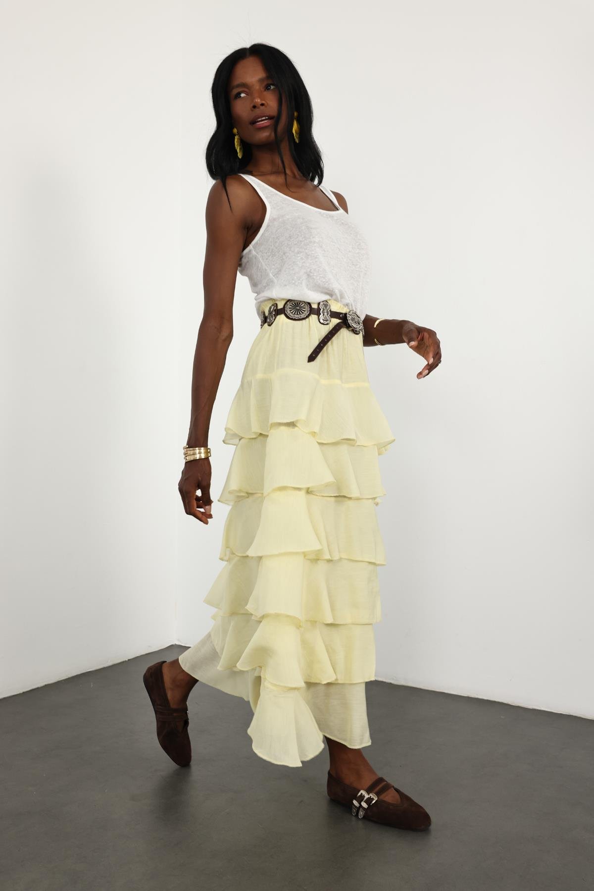 Sarı Beli Lastikli Volanlı Maxi Etek 4097