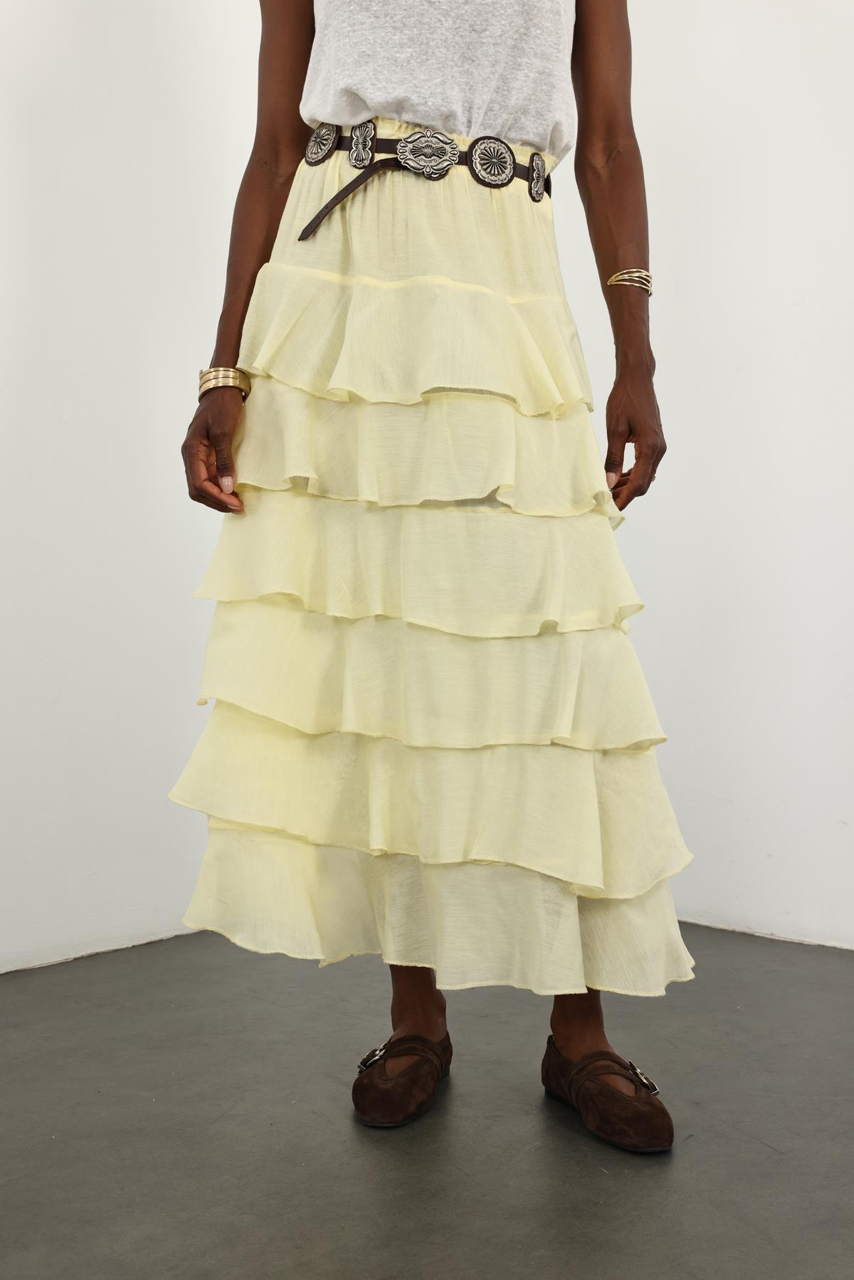 Sarı Beli Lastikli Volanlı Maxi Etek 4097