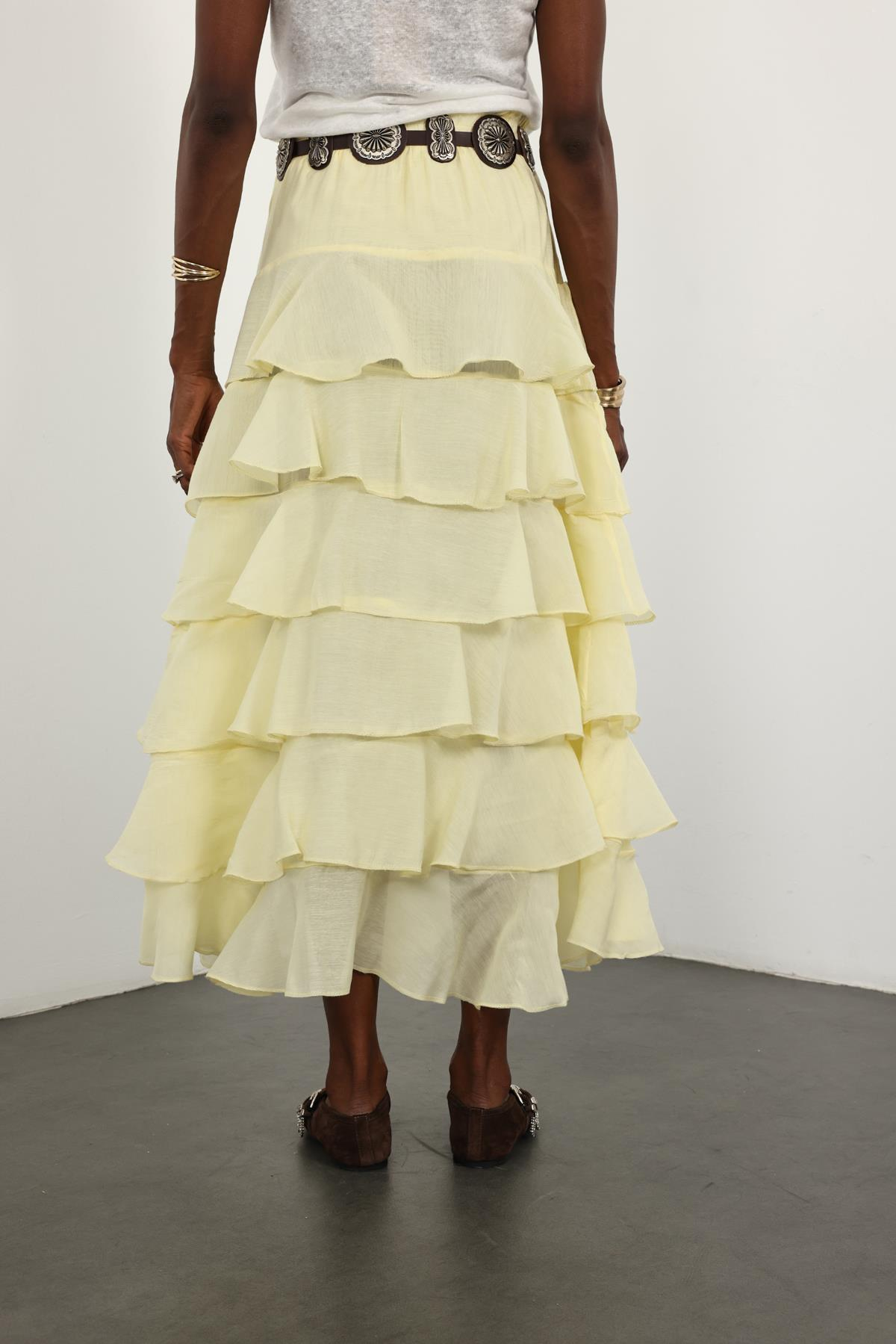 Sarı Beli Lastikli Volanlı Maxi Etek 4097