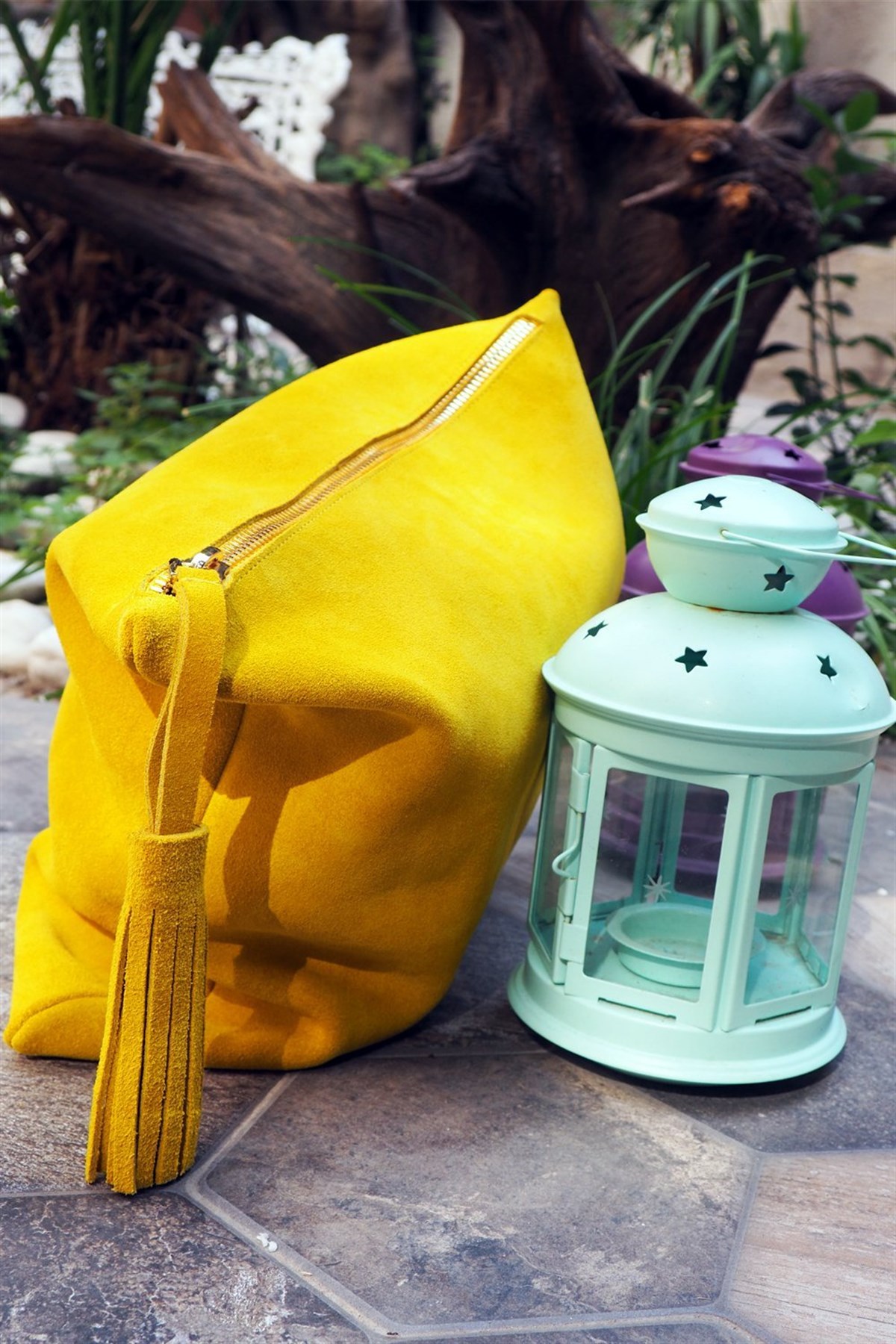 Sarı Lime Süet Deri Clutch