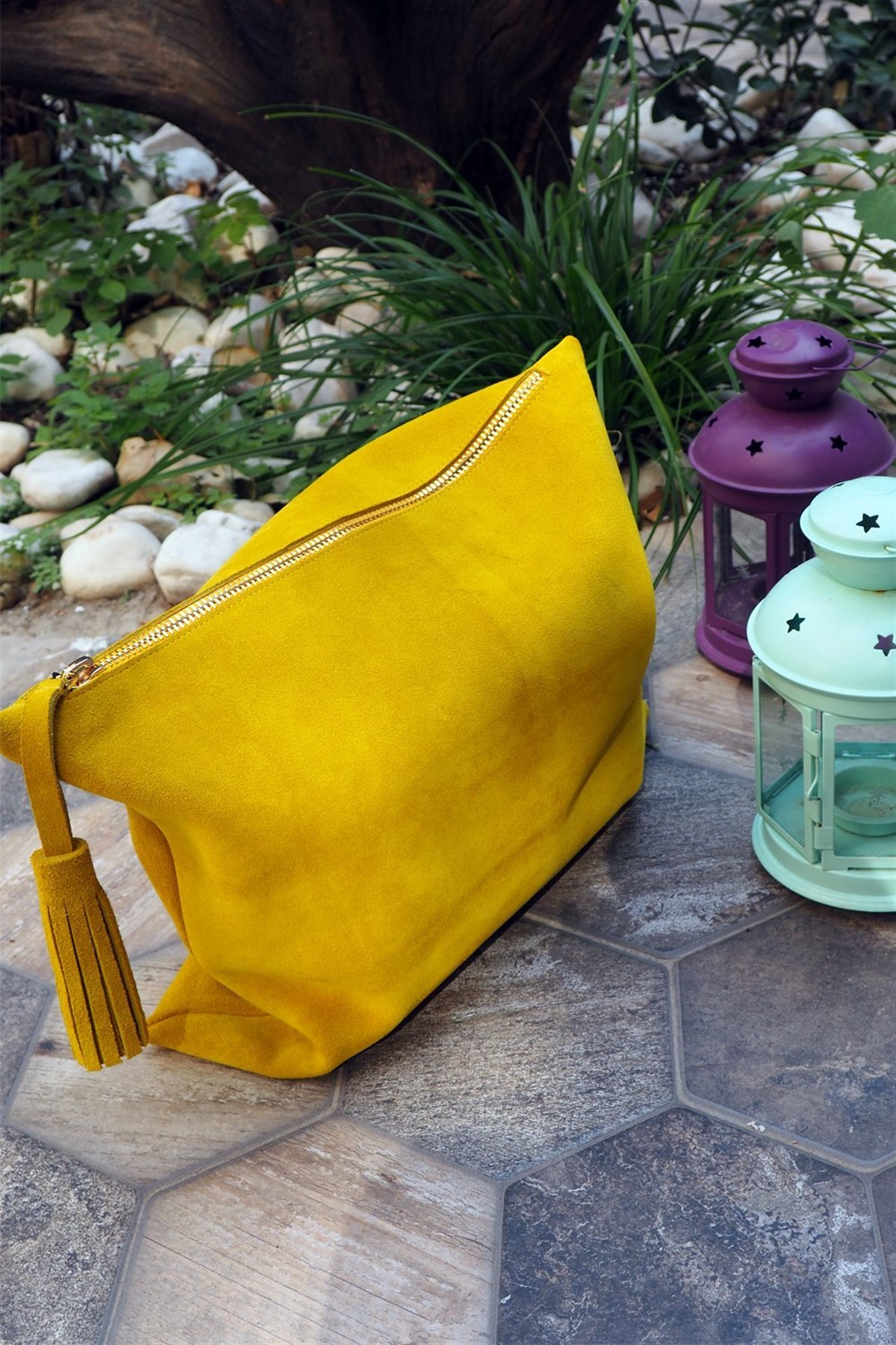 Sarı Lime Süet Deri Clutch