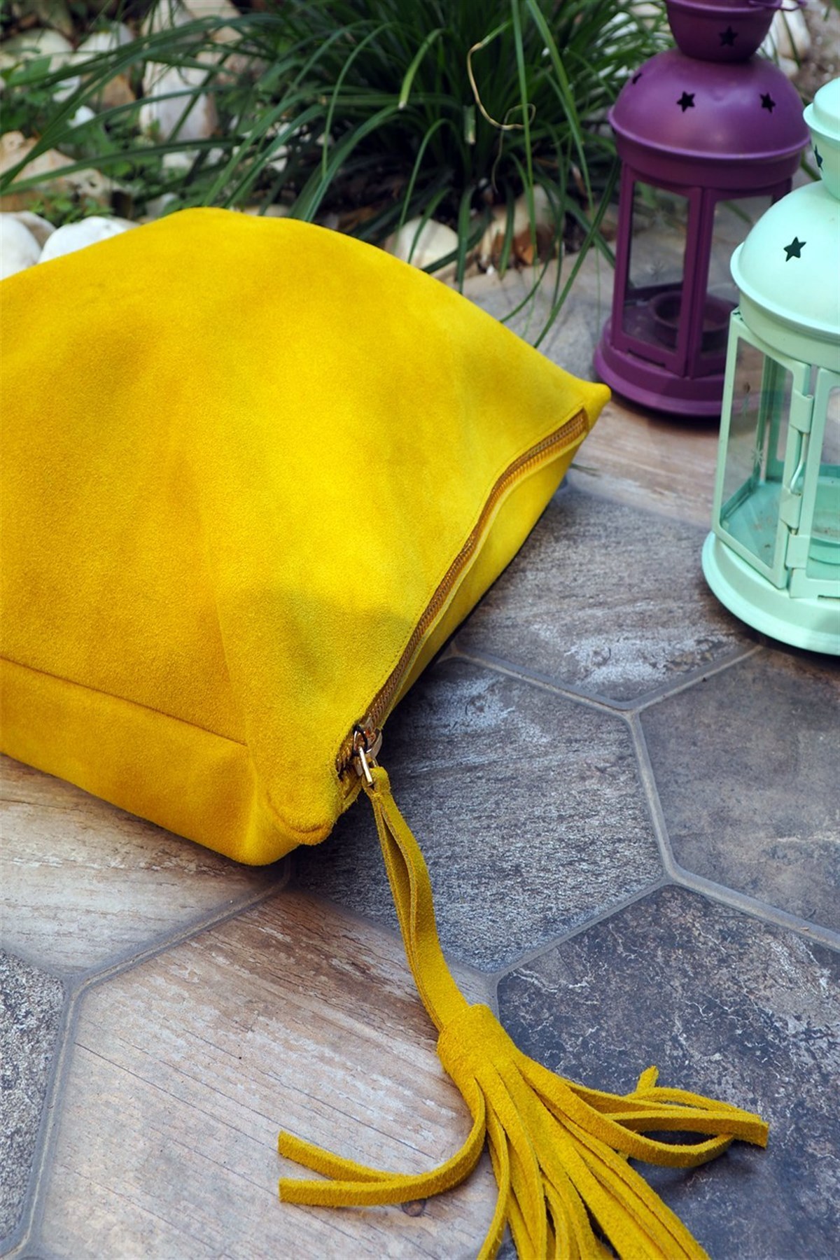 Sarı Lime Süet Deri Clutch