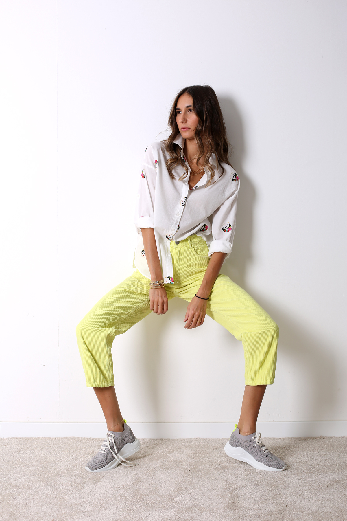 Sarı Neon Fitilli Kadife Mom Pantolon