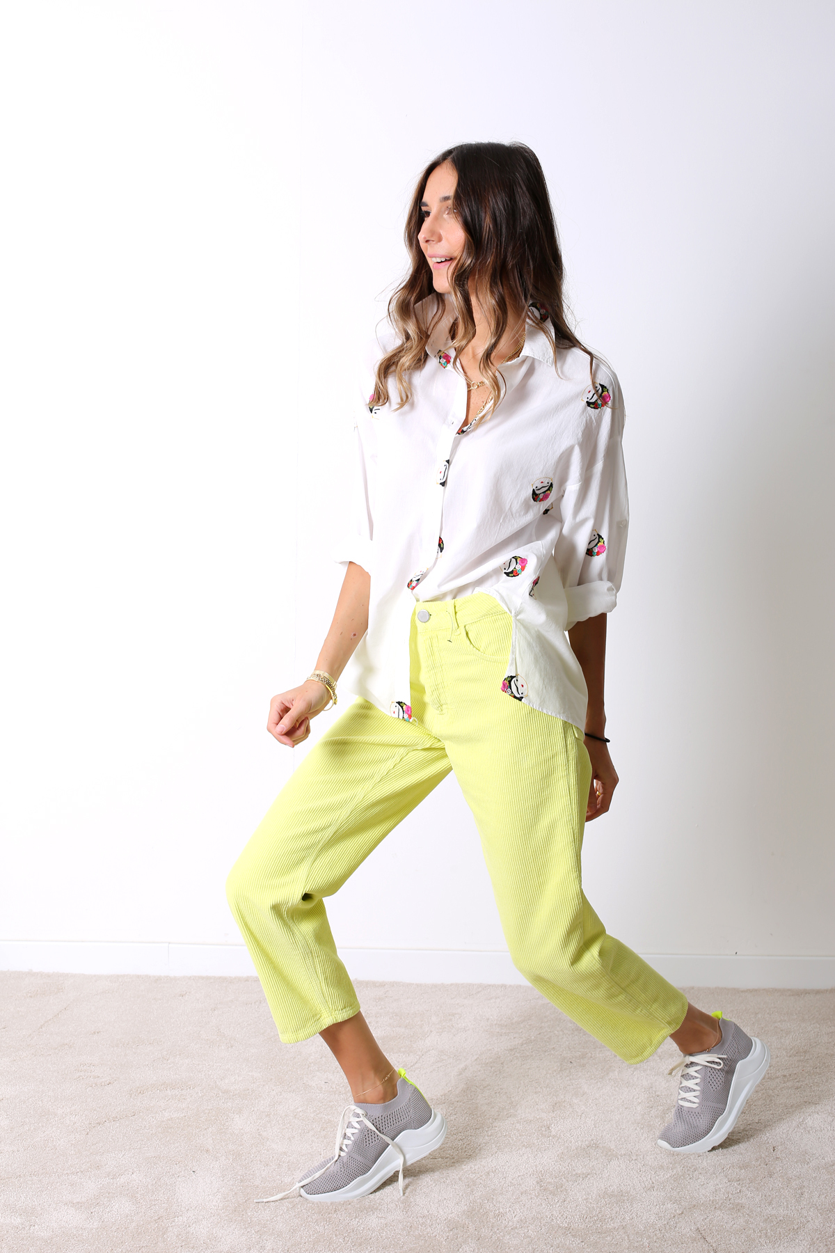 Sarı Neon Fitilli Kadife Mom Pantolon