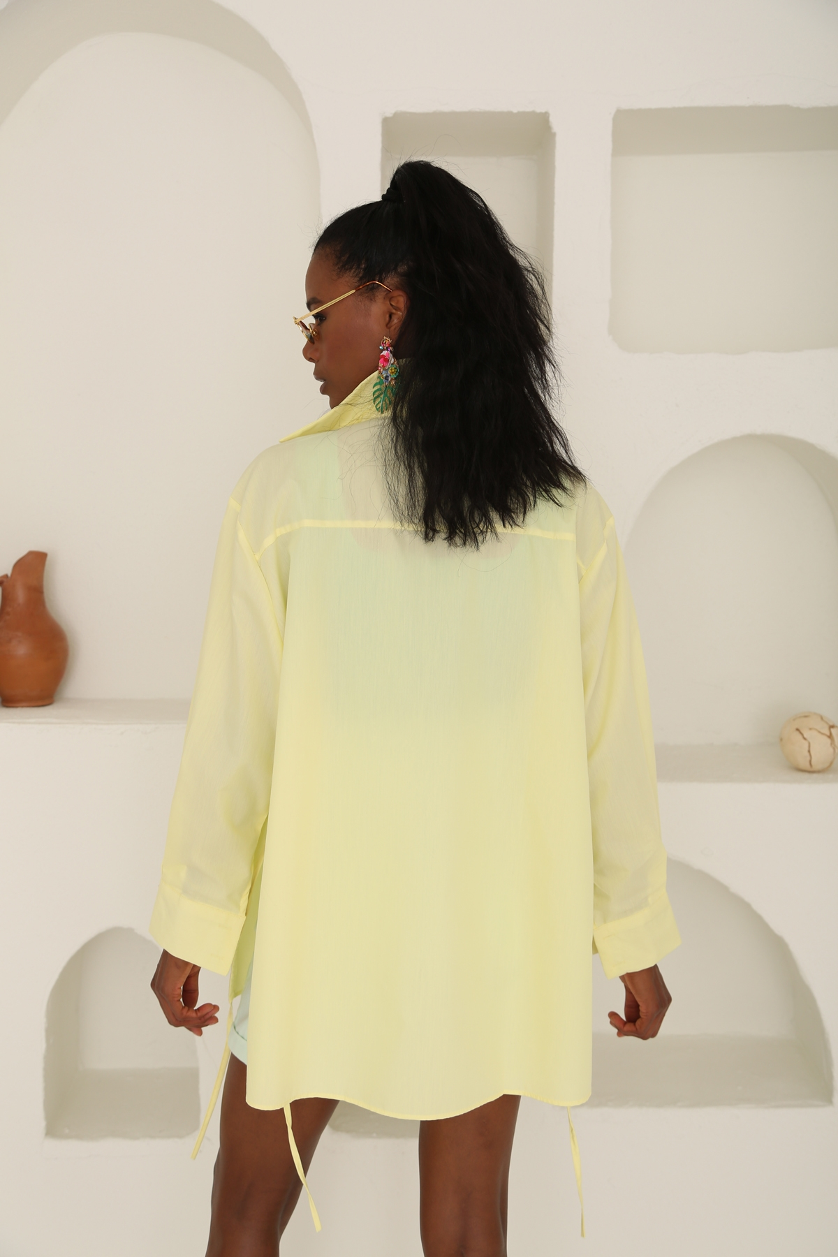 Sarı Yanları Büzgülü Oversize Gömlek 0589