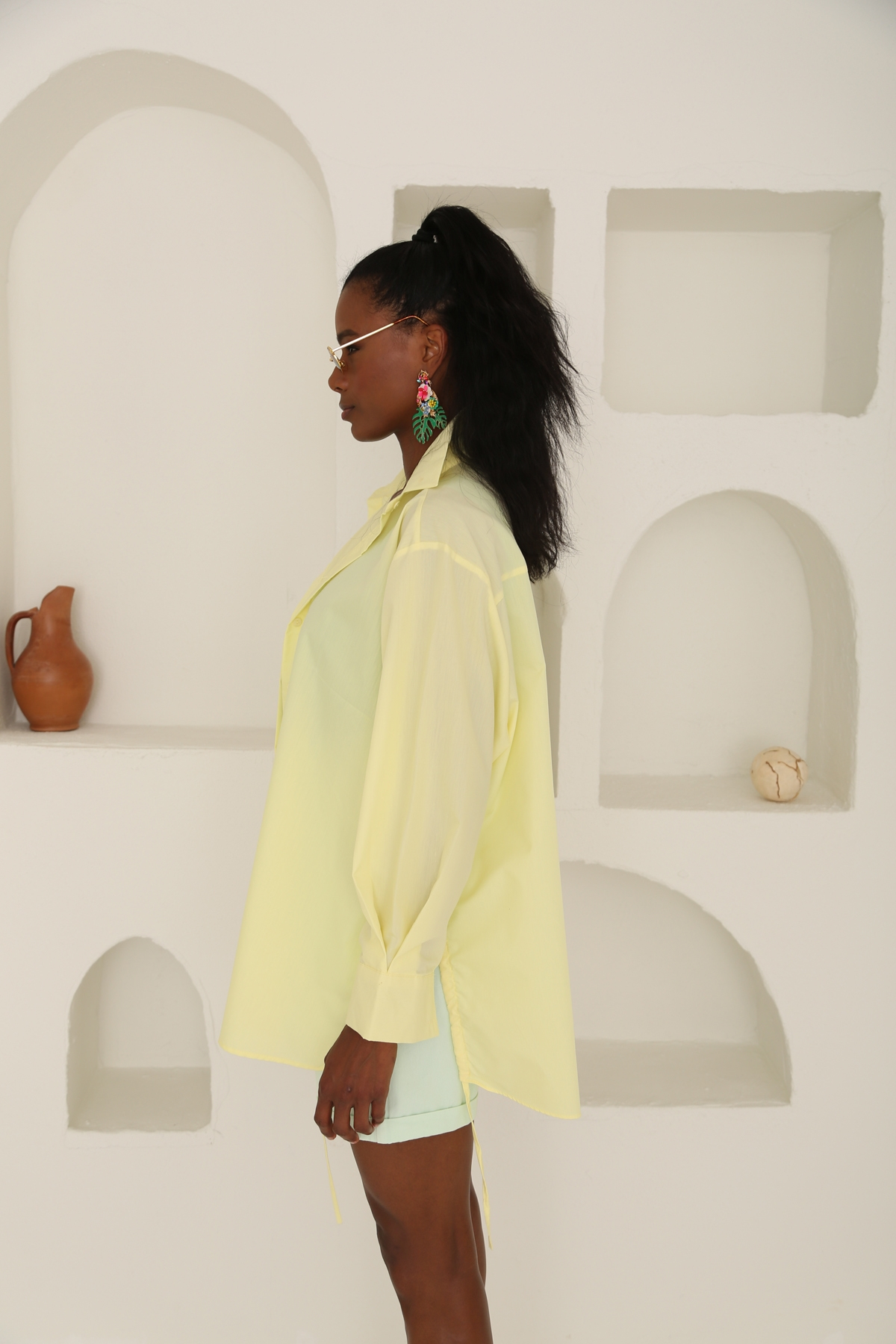 Sarı Yanları Büzgülü Oversize Gömlek 0589
