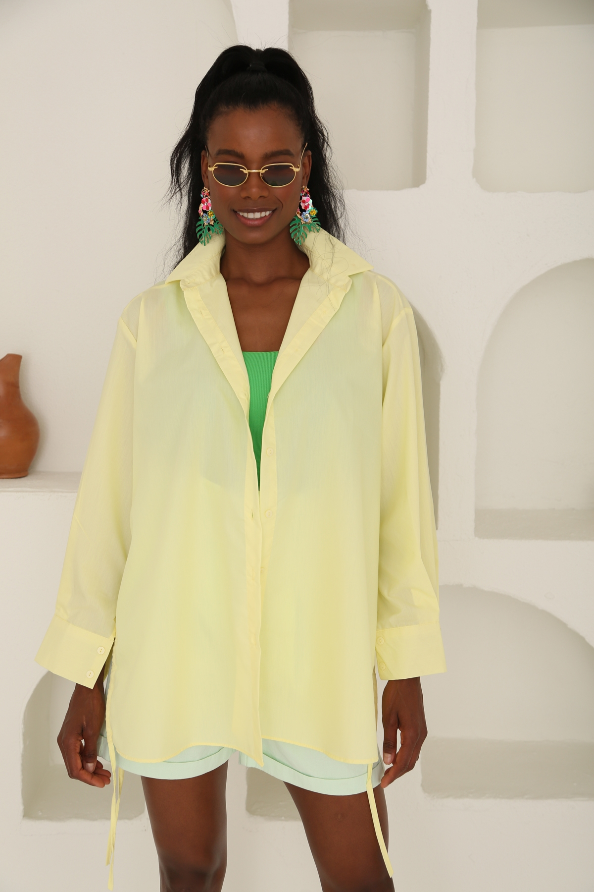 Sarı Yanları Büzgülü Oversize Gömlek 0589