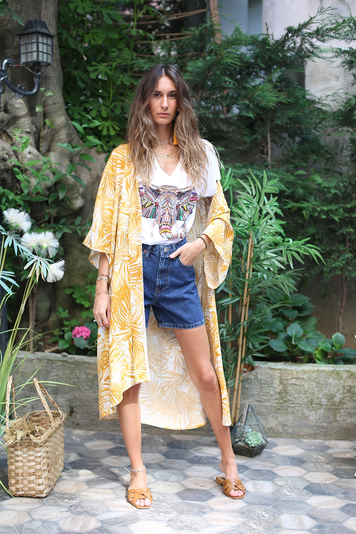 Sarı Yaprak Desenli Kimono