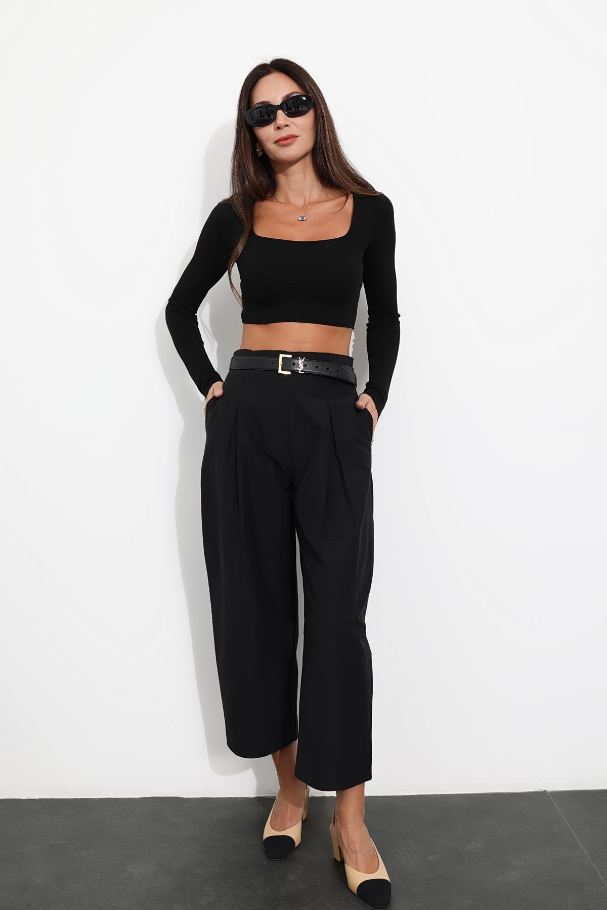 Siyah Arka Beli Lastikli Şalvar Pantolon 231552