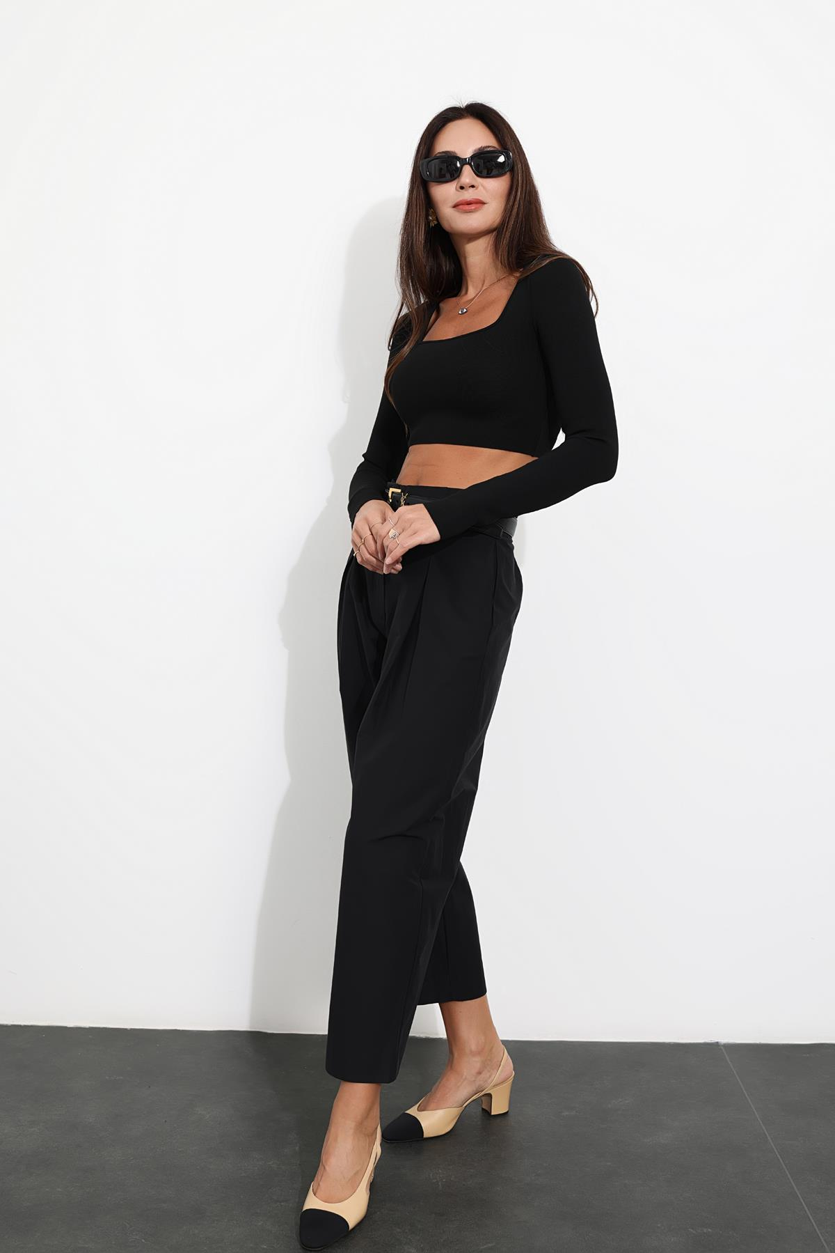 Siyah Arka Beli Lastikli Şalvar Pantolon 231552