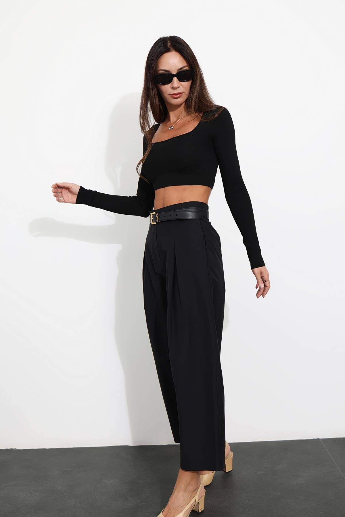 Siyah Arka Beli Lastikli Şalvar Pantolon 231552