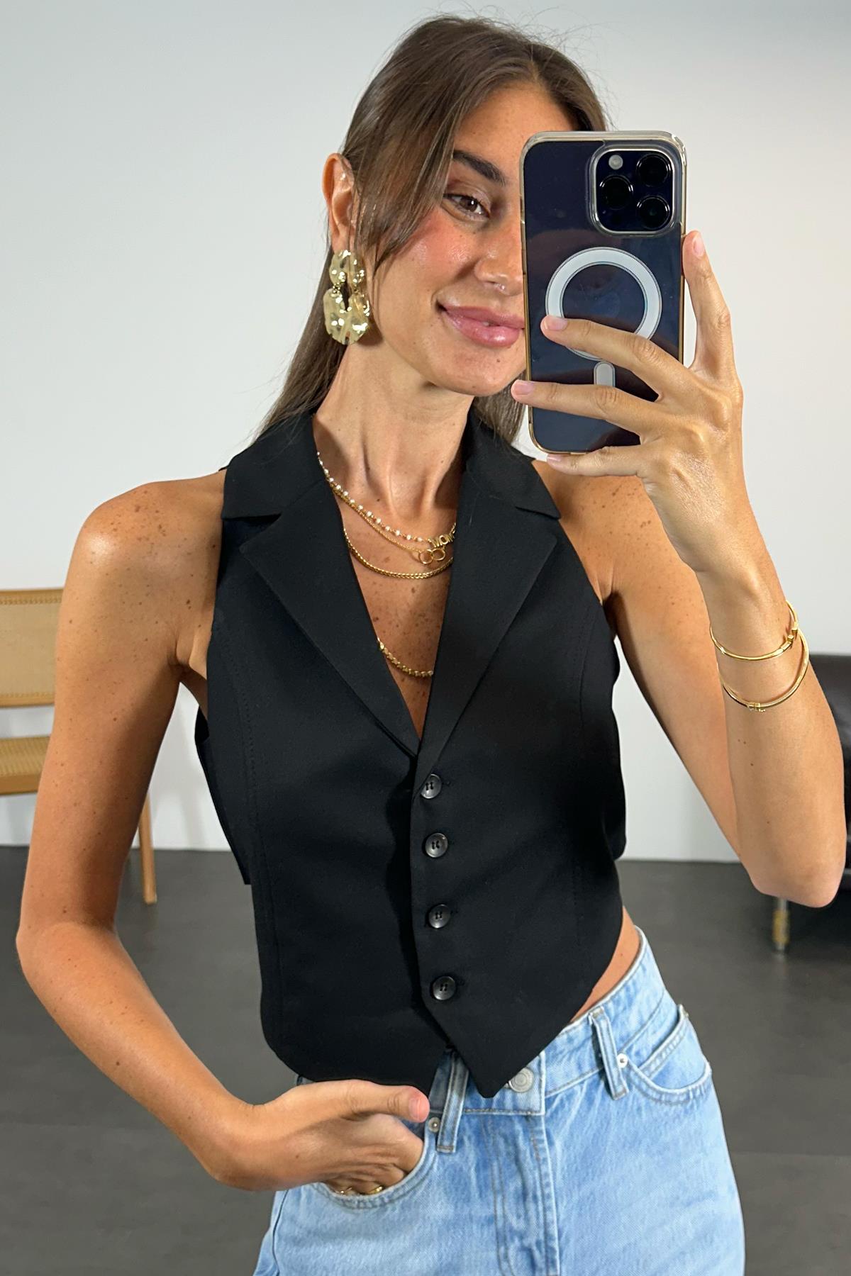 Siyah Arkası Bağlamalı Yelek 8003