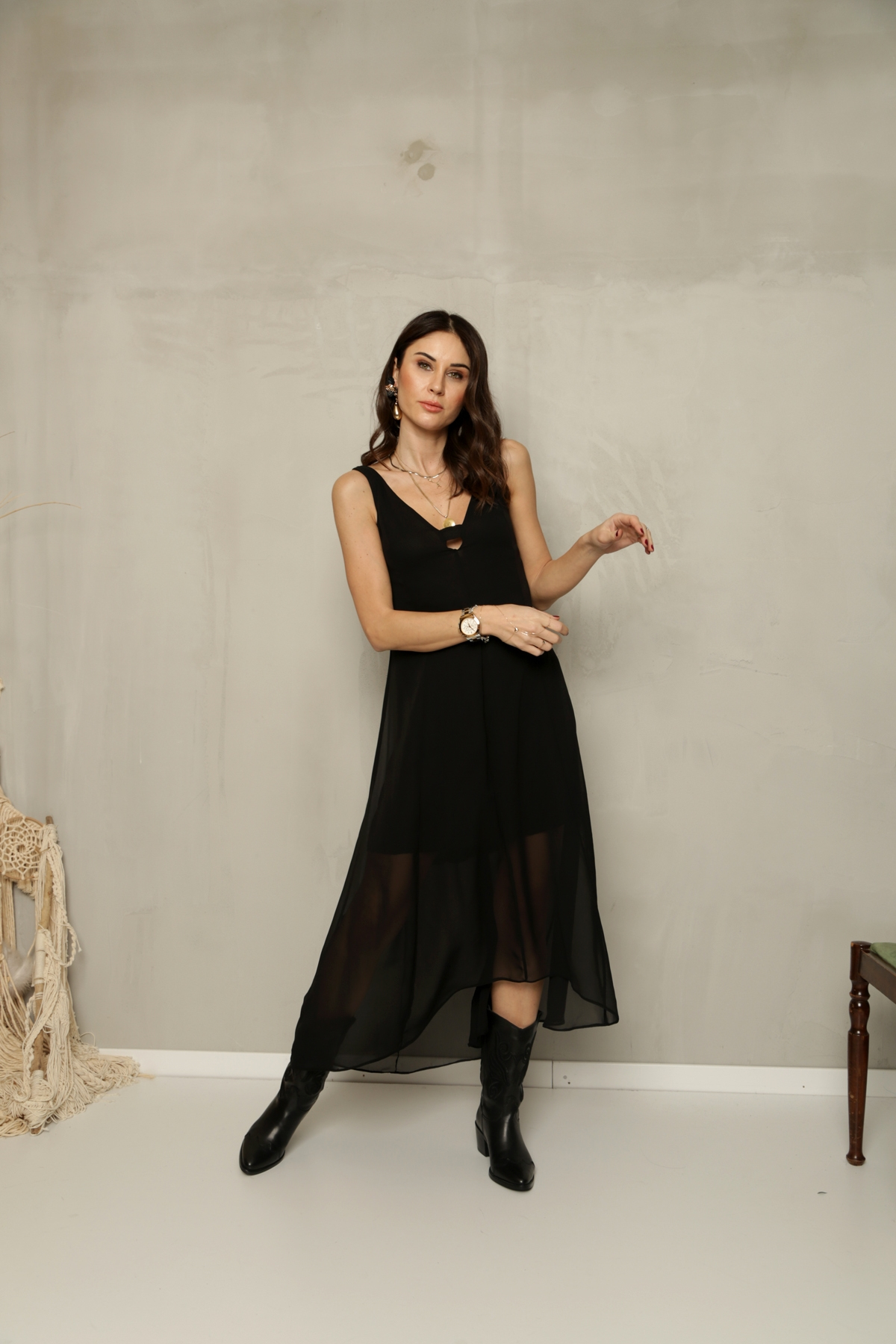 Siyah Askılı Şifon Elbise 110061