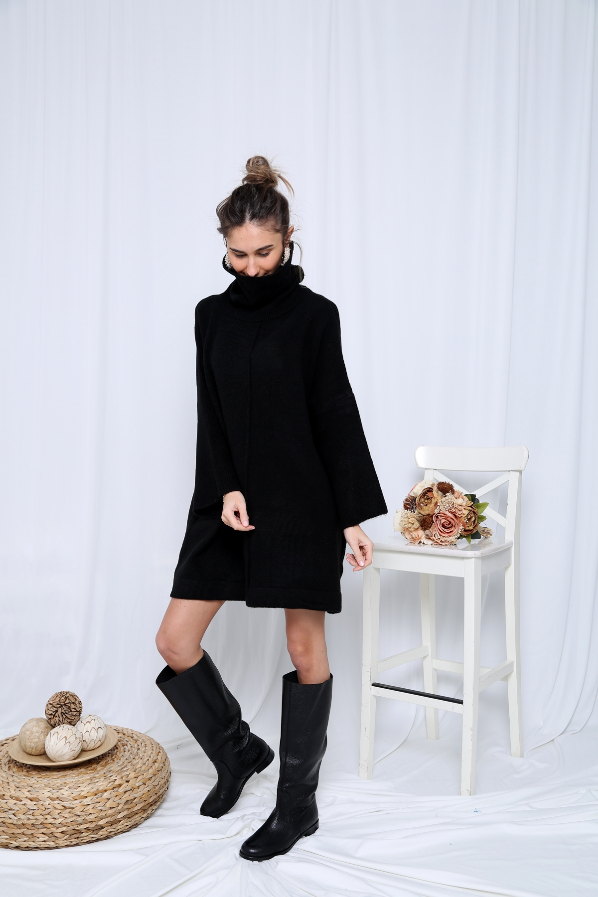 Siyah Balıkçı Oversize Tunik Elbise