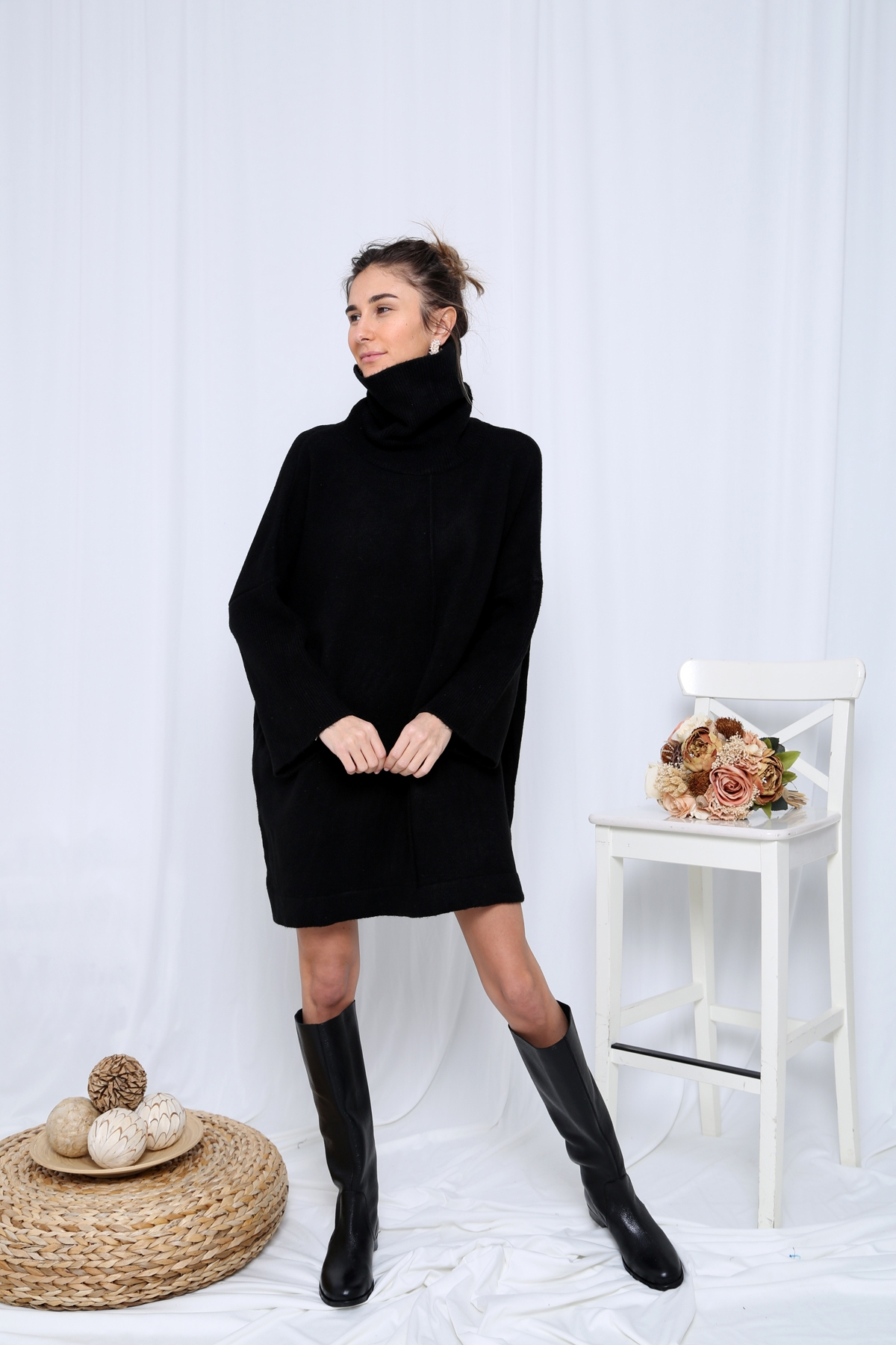 Siyah Balıkçı Oversize Tunik Elbise