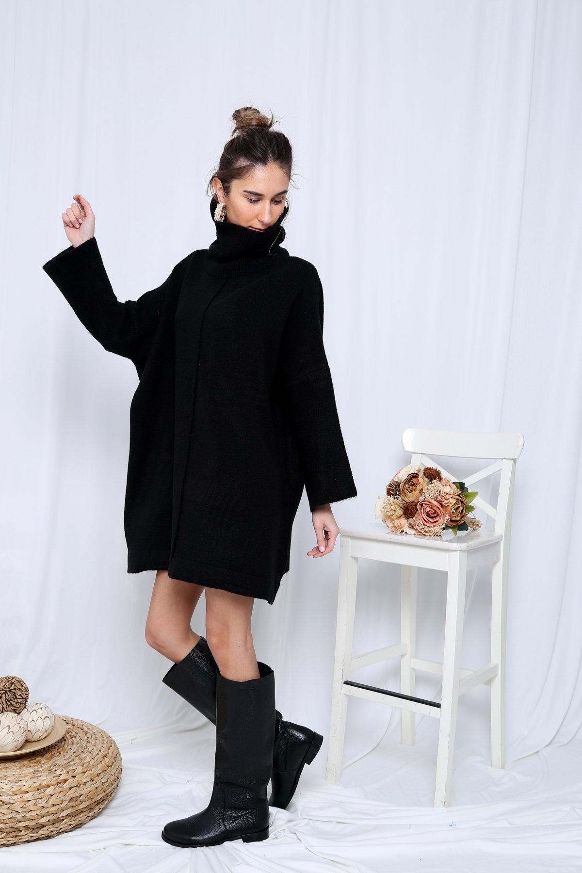 Siyah Balıkçı Oversize Tunik Elbise
