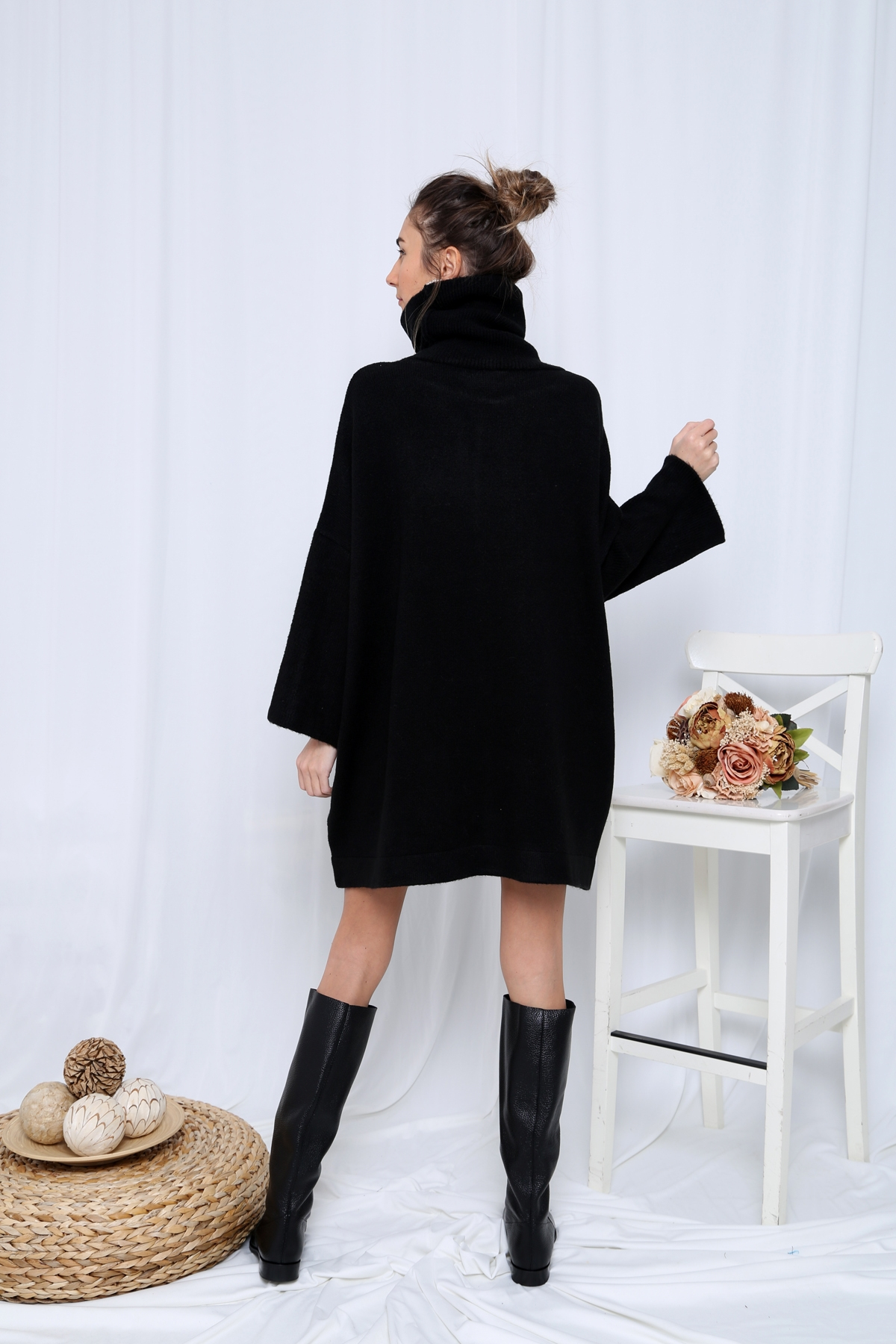 Siyah Balıkçı Oversize Tunik Elbise
