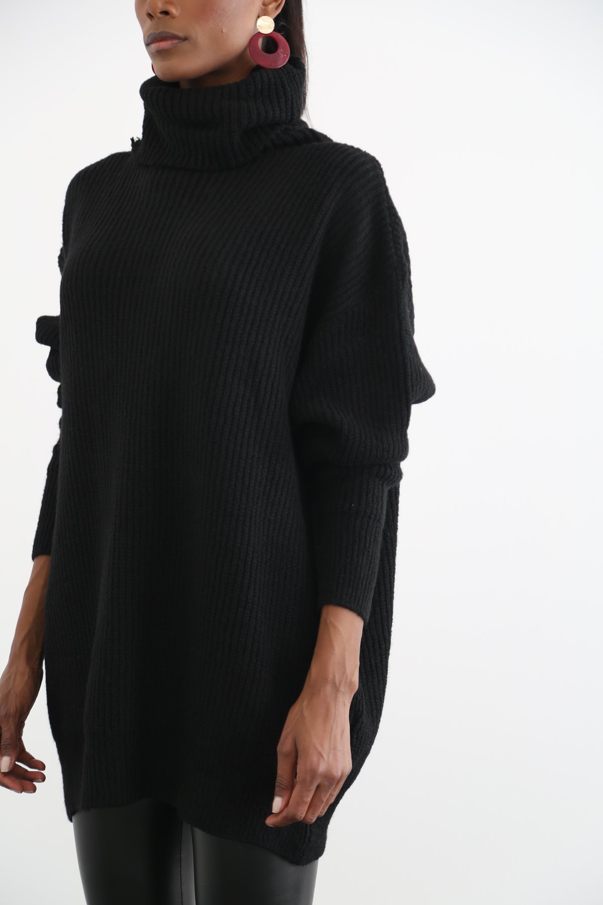 Siyah Balıkçı Yaka Oversize Triko 17007
