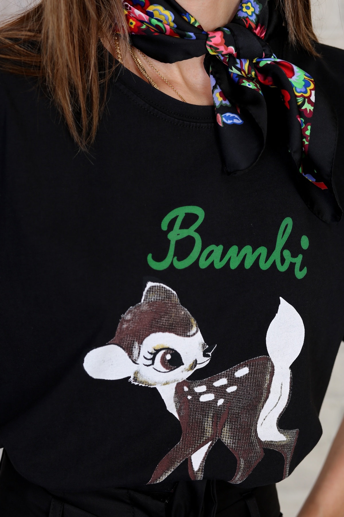 Siyah Bambi Baskılı Tshirt