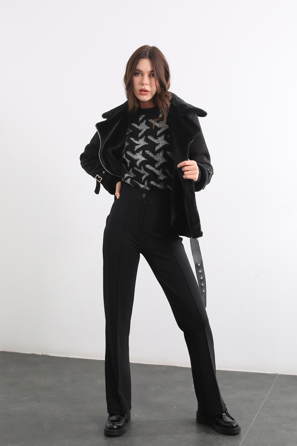 Siyah Beli Lastikli Bol Paça Pantolon 233401