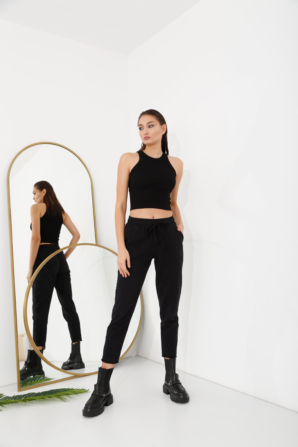Siyah Beli Lastikli Gabardin Pantolon 00104