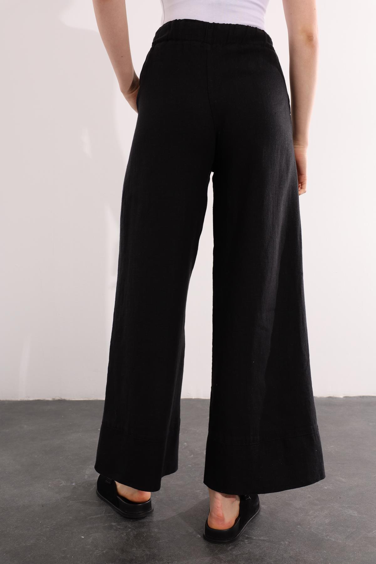 Siyah Beli Lastikli Keten Pantolon 1564