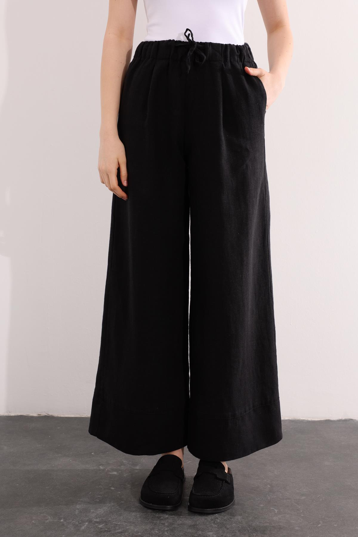 Siyah Beli Lastikli Keten Pantolon 1564