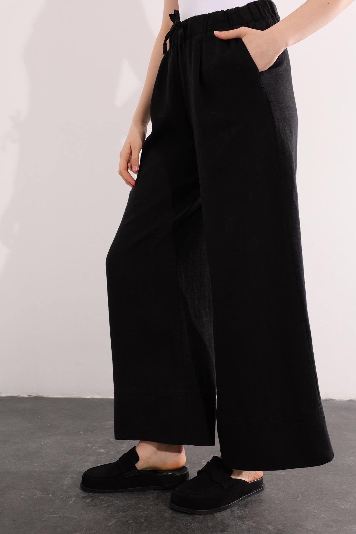 Siyah Beli Lastikli Keten Pantolon 1564