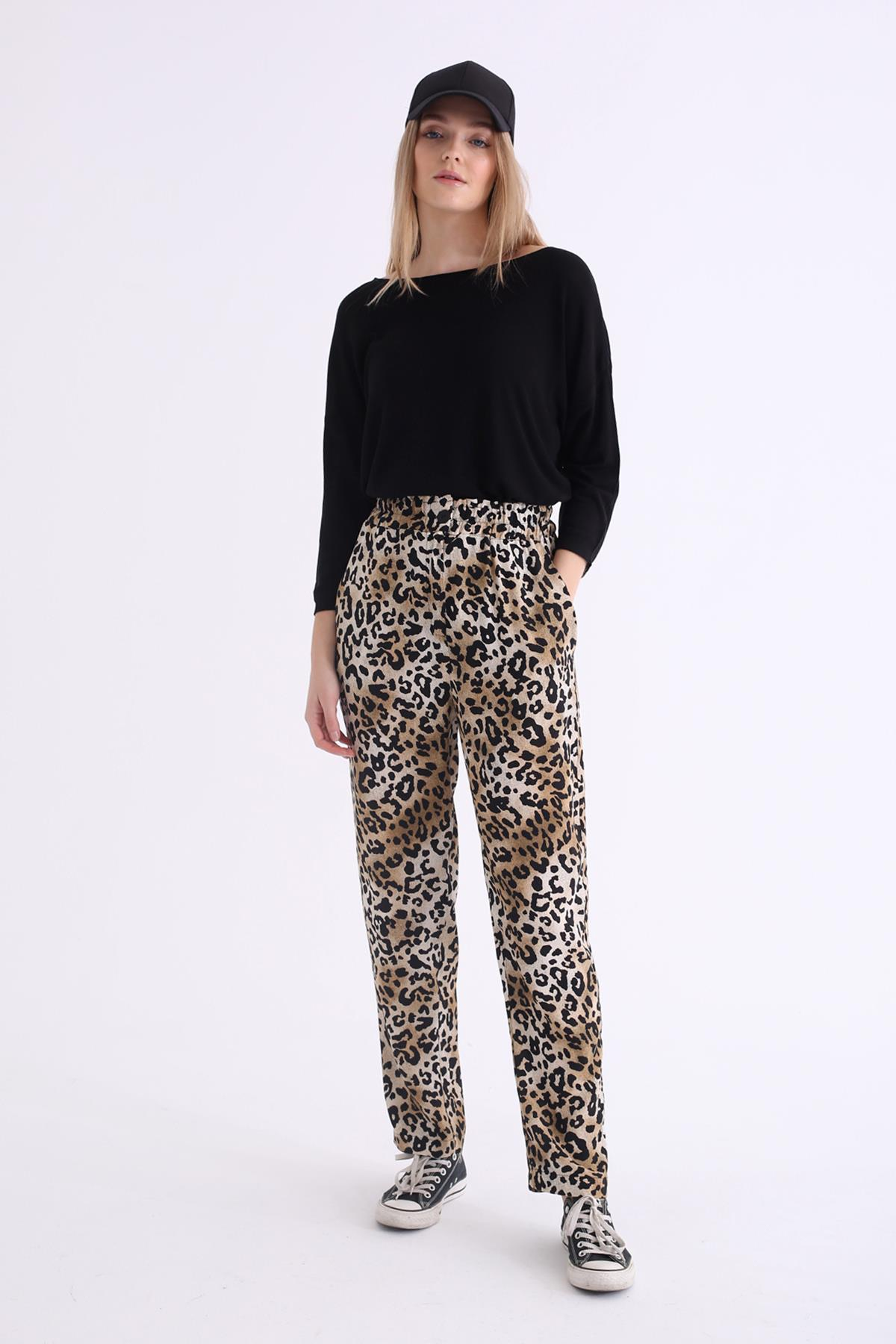 Siyah Beli Lastikli Leopar Havuç Pantolon 40127