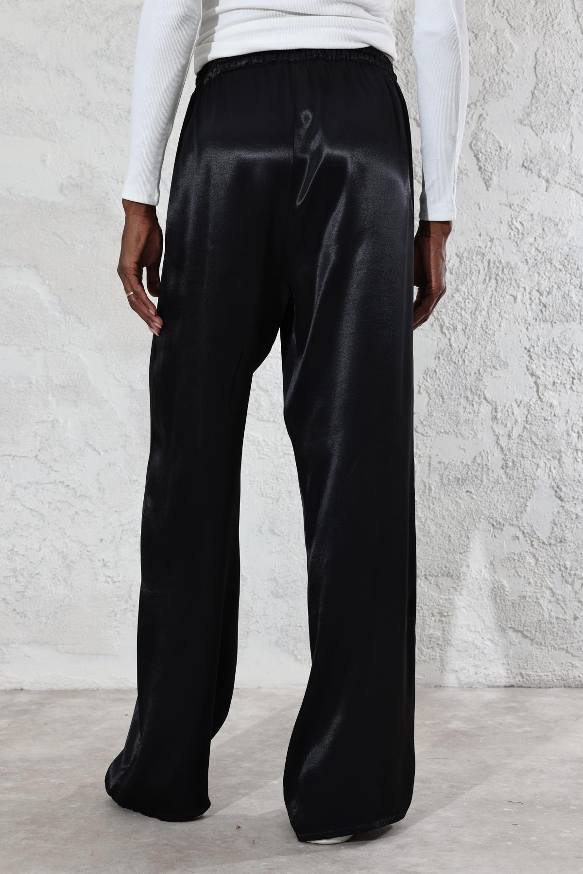 Siyah Beli Lastikli Saten Pantolon 4635