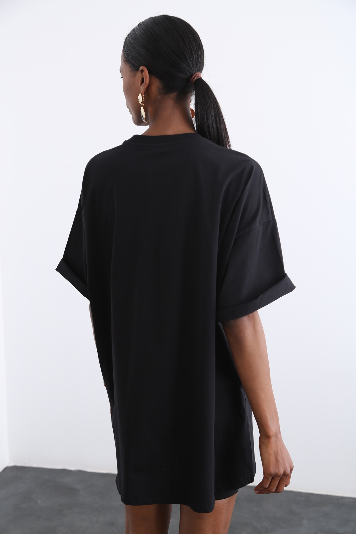 Siyah Bisiklet Yaka Oversize Tshirt 12135