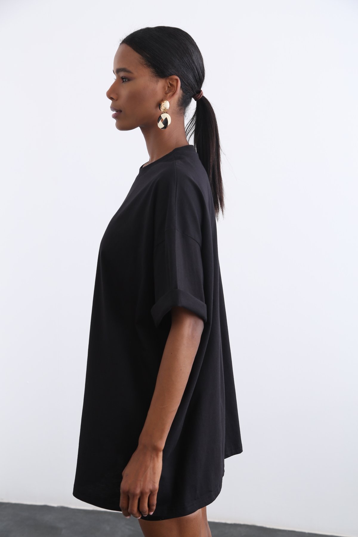 Siyah Bisiklet Yaka Oversize Tshirt 12135