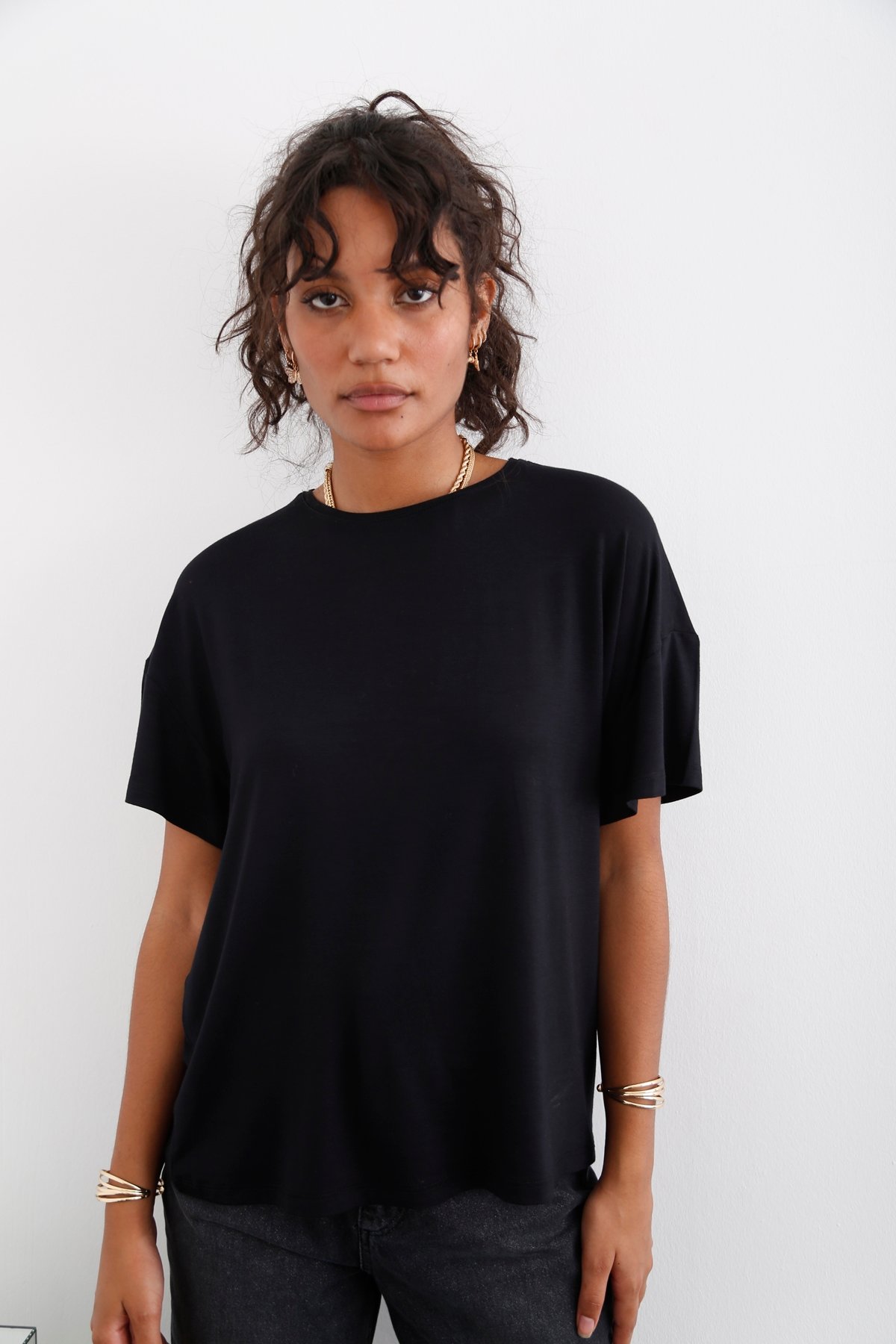 Siyah Bisiklet Yaka Salaş Tshirt 0042