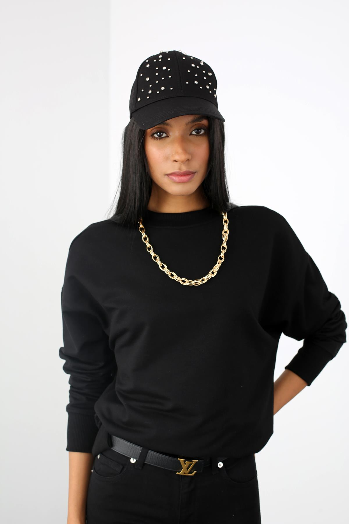 Siyah Bisiklet Yaka Sweatshirt 