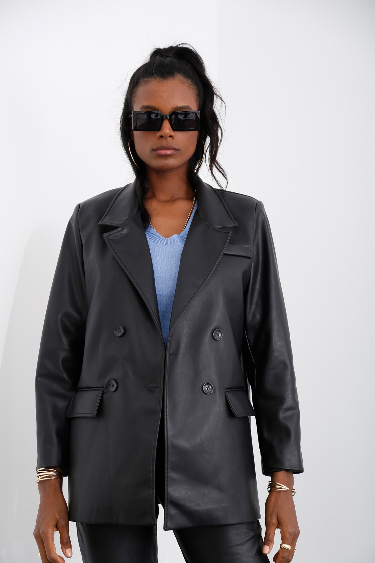 Siyah Blazer Deri Ceket 5609