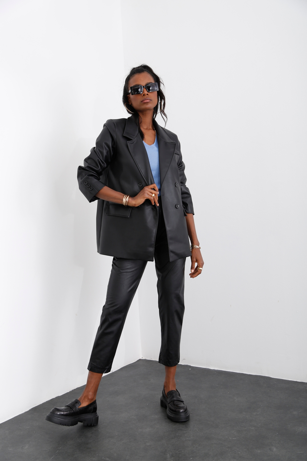 Siyah Blazer Deri Ceket 5609