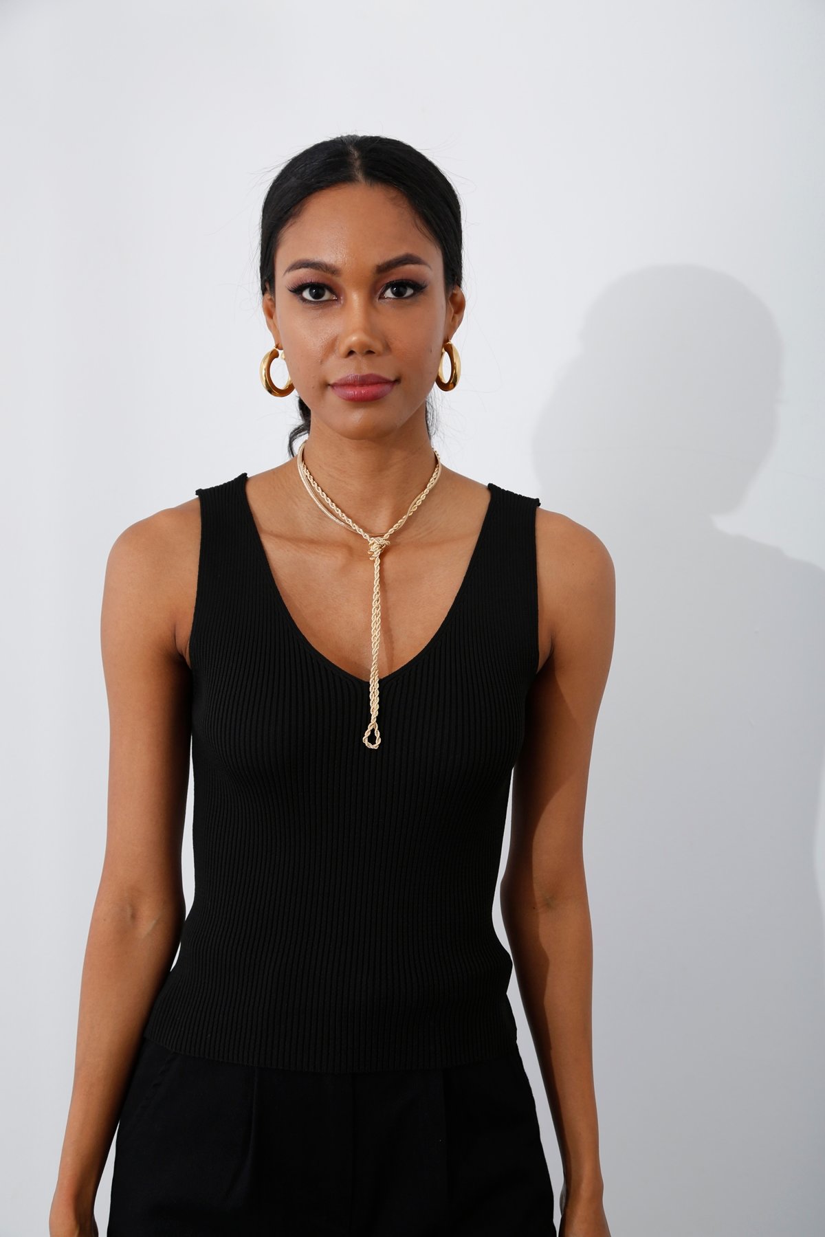 Siyah Çift V Yaka Triko Bluz 5594