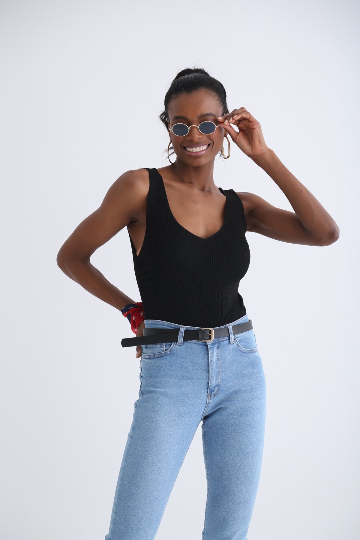 Siyah Çift V Yaka Triko Bluz 5594