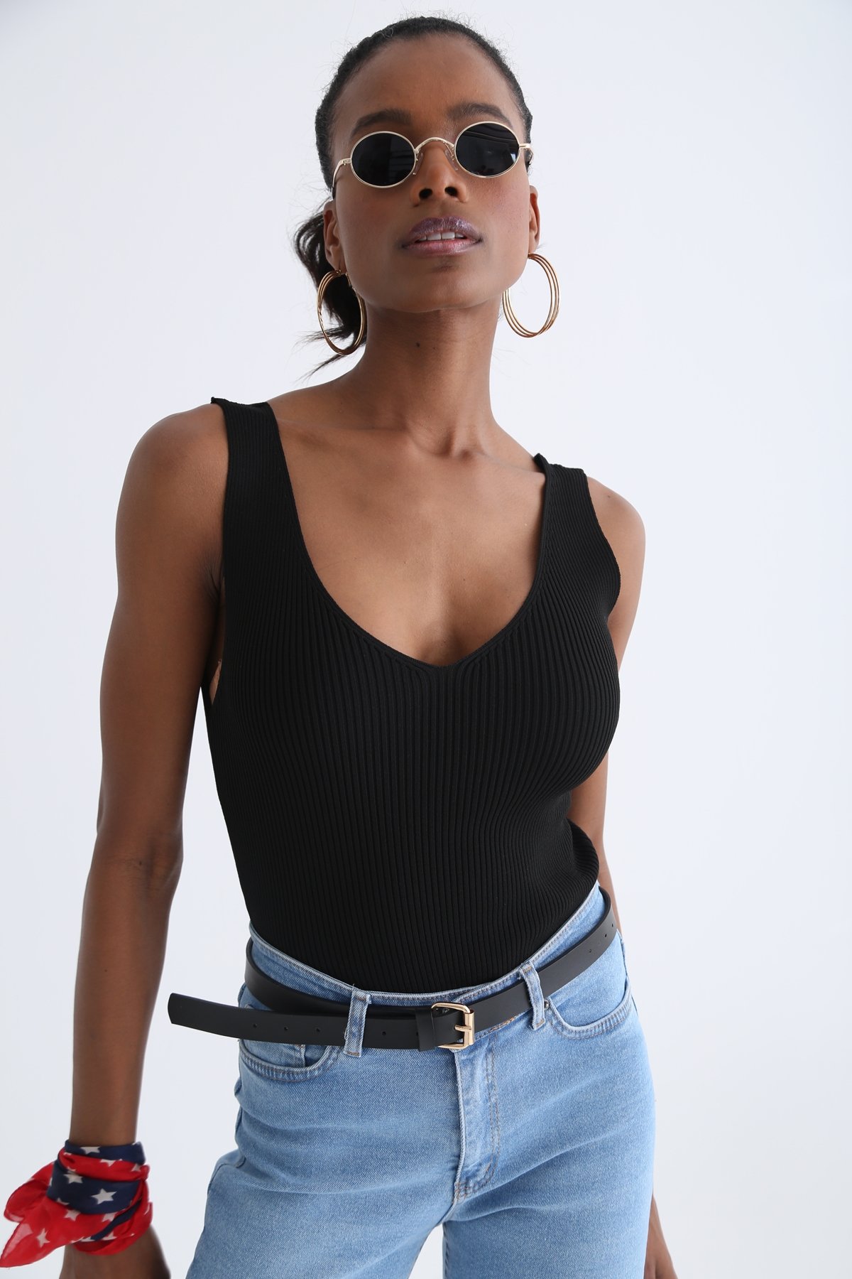 Siyah Çift V Yaka Triko Bluz 5594