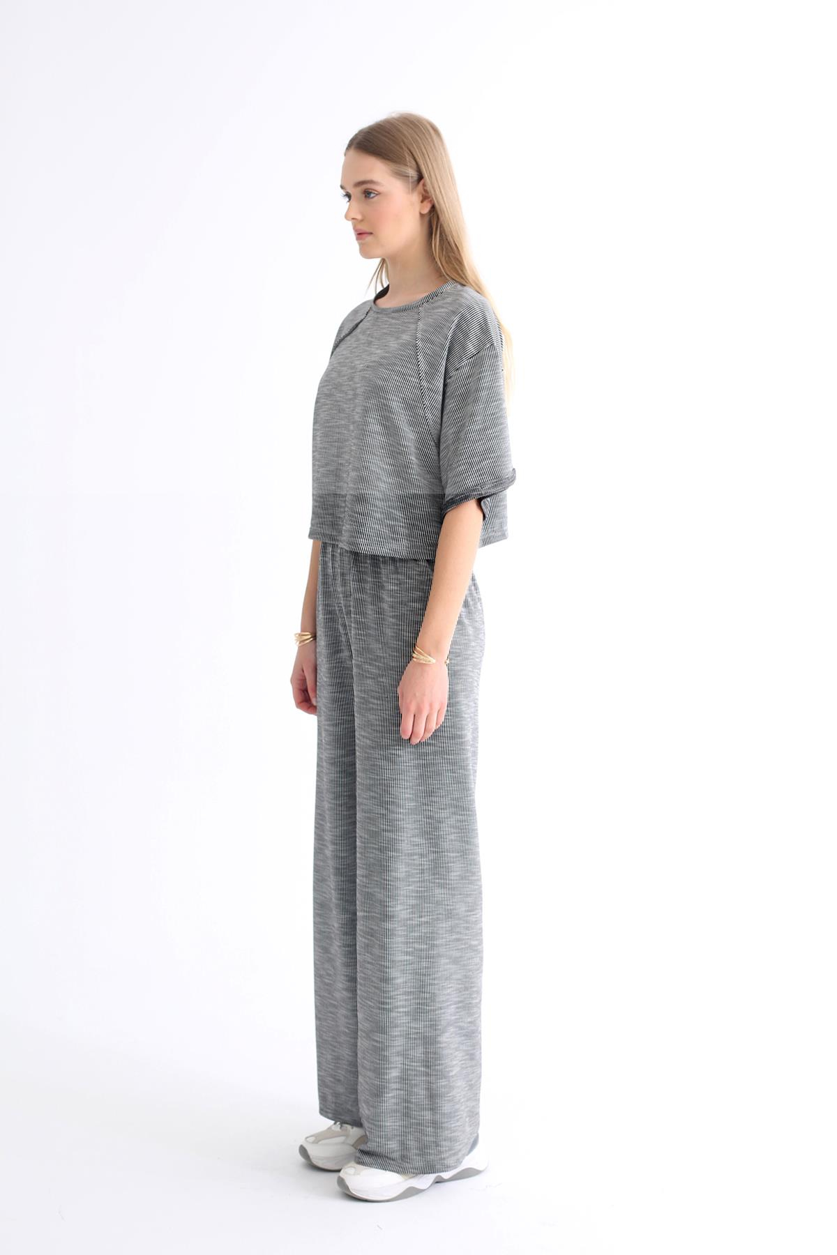 Siyah Çizgili Crop Pantolon Takım 1260
