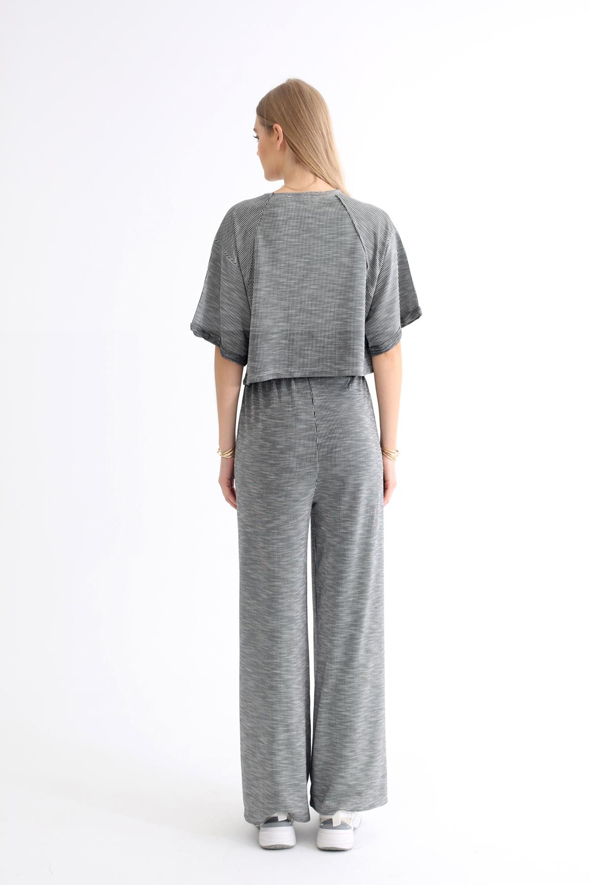 Siyah Çizgili Crop Pantolon Takım 1260